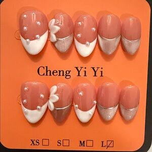 Pink and White Nail Set with Pearl Accents